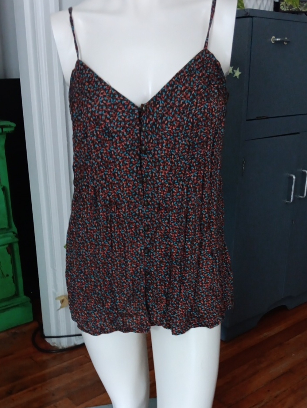 Quiksilver Women's Brown with Orange & Blue Button Down Camisole Top